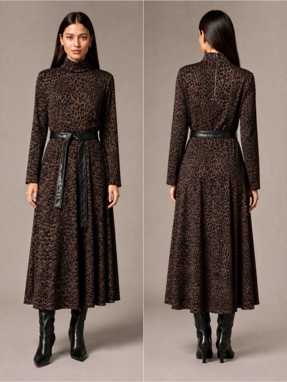 Anne Klein Animal Print Long Sleeve Mock Neck Midi Dress